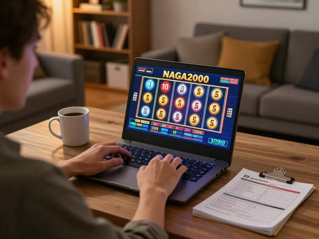 NAGA2000 player enjoying online slots on laptop with coffee and strategy notes