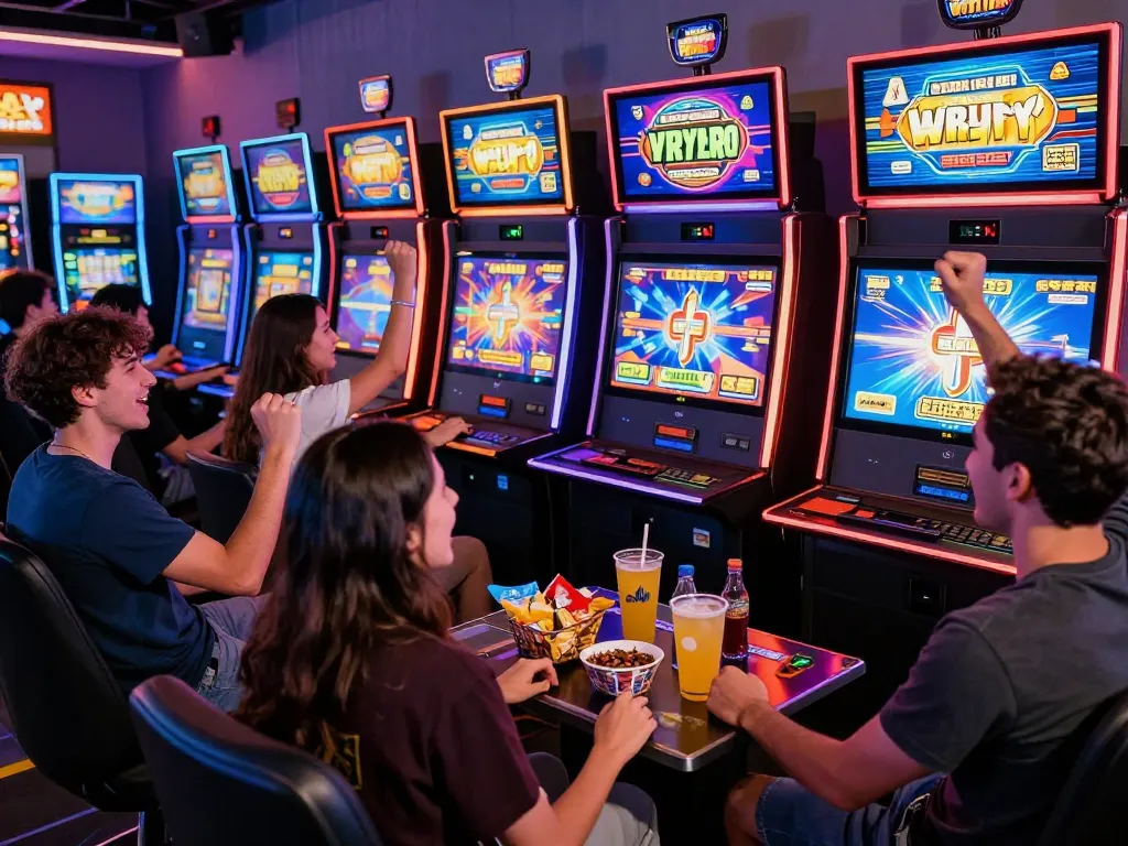 Teman-teman yang menikmati permainan slot menarik di platform VIRUS88 di kafe permainan yang ramai.