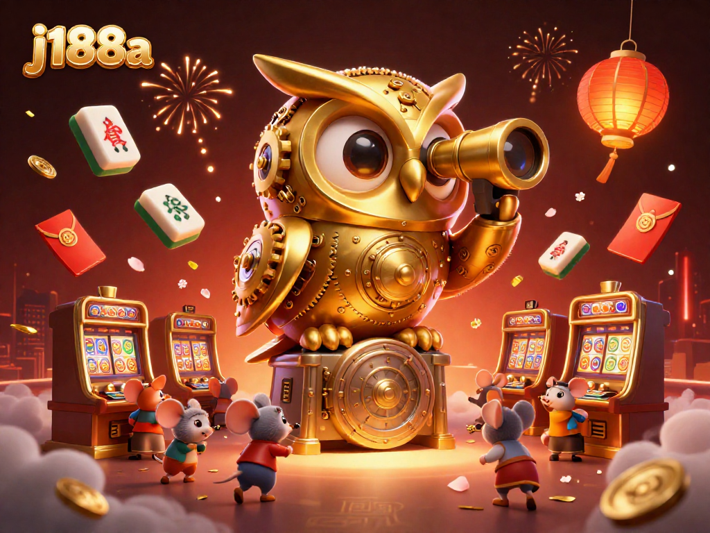 Engage in the thrilling world of j188a with a captivating casino scene featuring a golden owl and animated patrons.