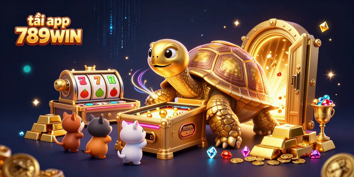 Join the fun with the vibrant scene of excited players enjoying the game tải app 789WIN, featuring a colossal golden tortoise pinball.