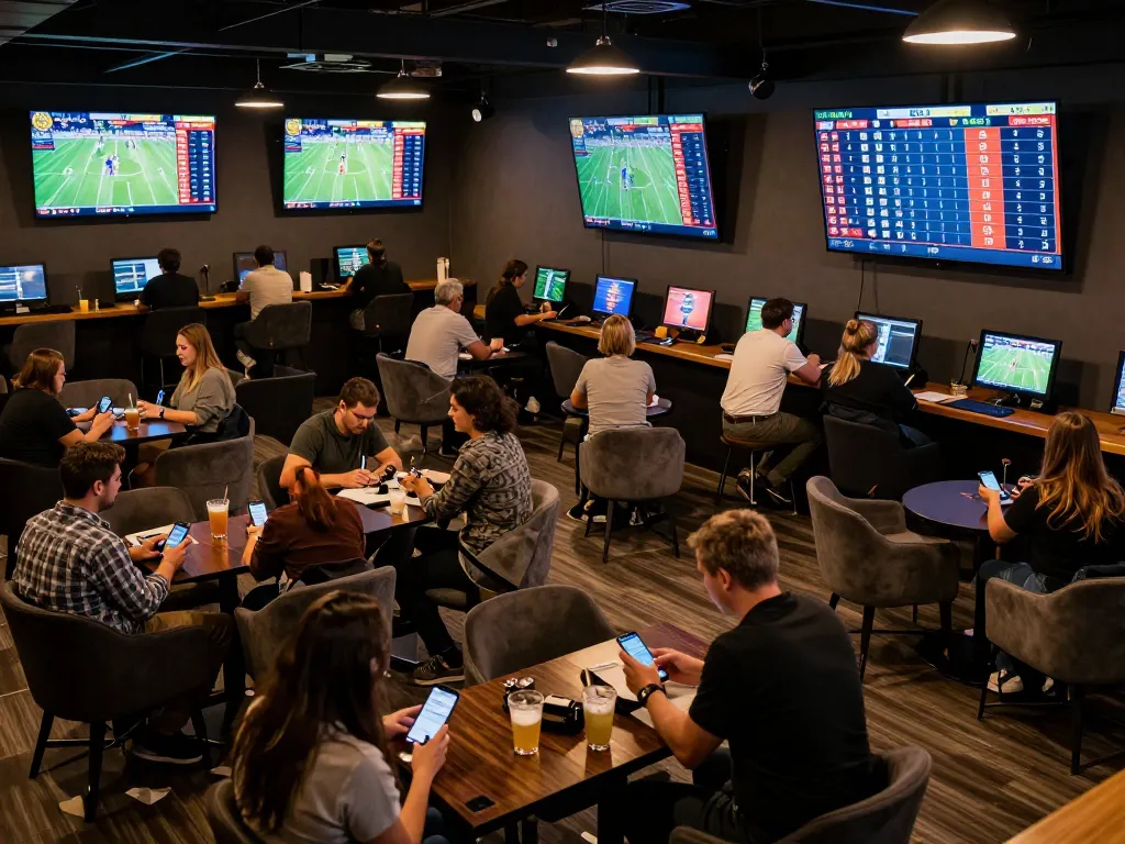 Patrons engaging with mobile devices in a sports betting lounge showing keo nha cai odds on screens.