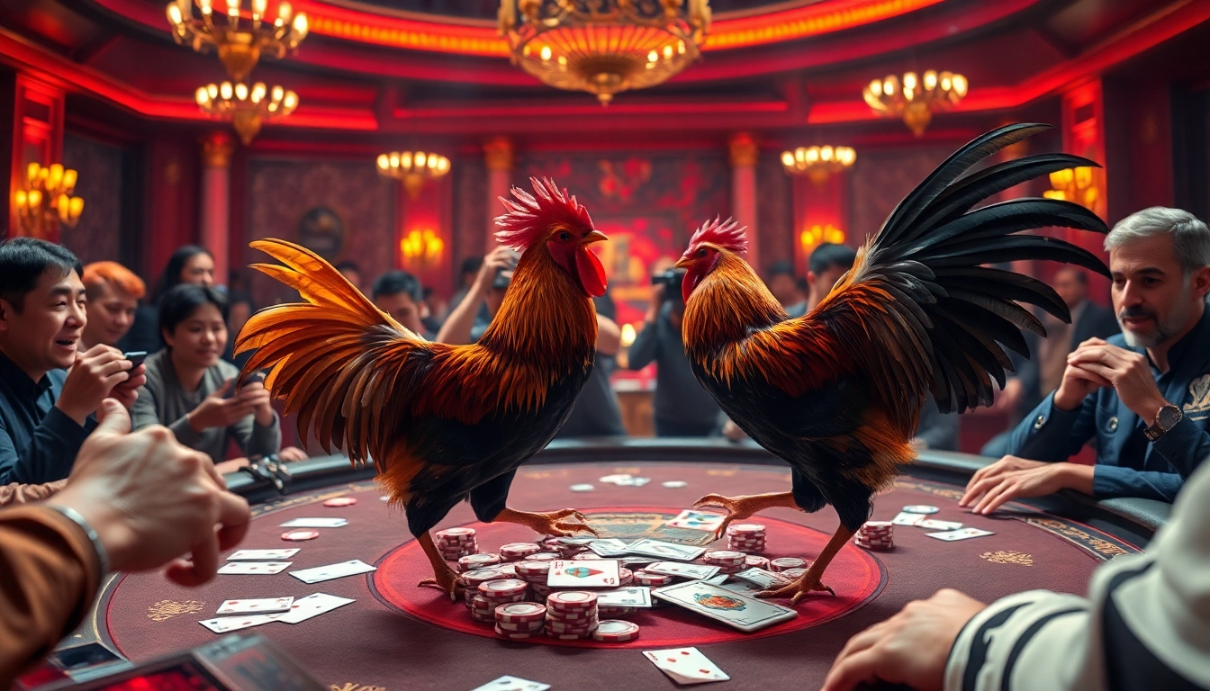 Experience thrilling đá gà trực tiếp action with live bets, vibrant spectators, and detailed gambling visuals.