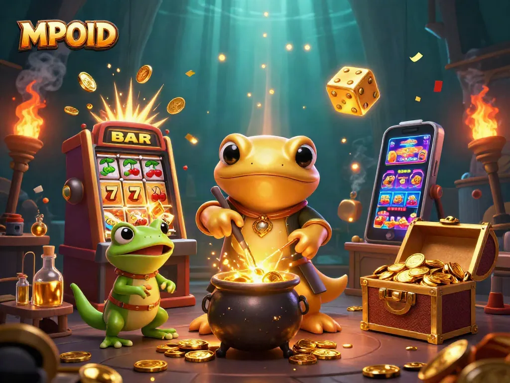MPOID offers thrilling gaming experiences with lively characters in a gold-filled casino environment.