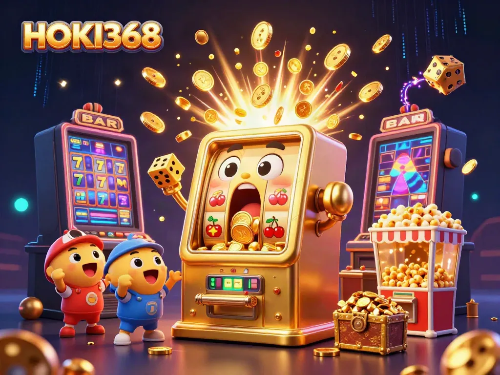 HOKI368 slots come alive as a golden slot machine hits the jackpot, showering coins with excitement.