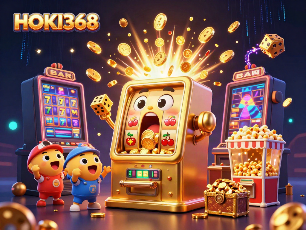 HOKI368 slots come alive as a golden slot machine hits the jackpot, showering coins with excitement.