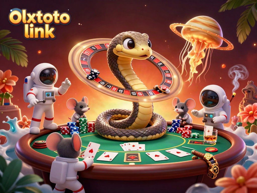 Engage with the olxtoto link as astronauts bet on a roulette-like Saturn ring with vibrant casino elements.