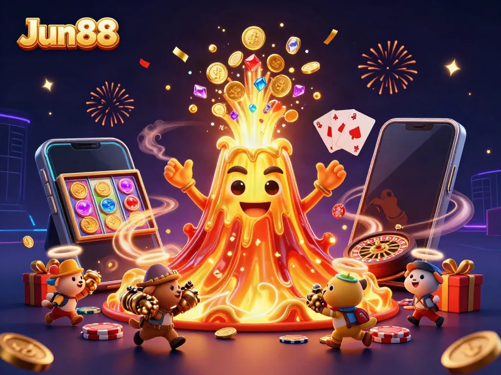 Experience the exhilarating world of Jun88 as a golden volcano erupts with treasures in a vibrant casino scene.
