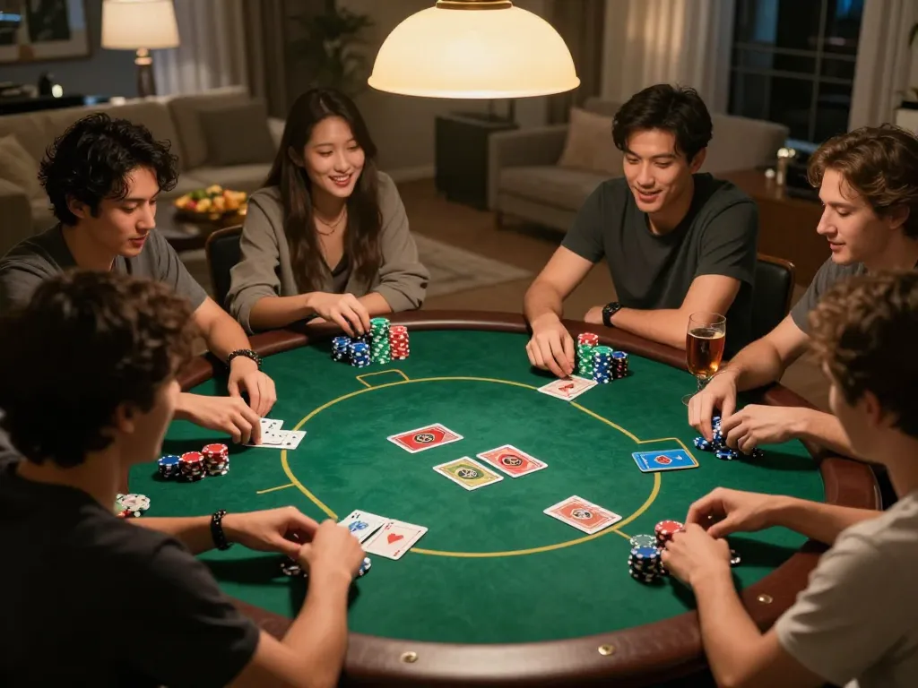 Players enjoying a social poker game night with IDCASH88, showcasing diverse chips and drinks.