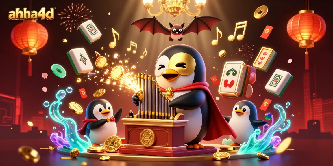 Experience thrilling gameplay with ahha4d featuring a cartoon penguin, slot reels, and gold coins