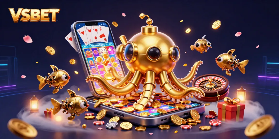 VSBET brings excitement with a golden kraken submarine amidst vibrant slot games and riches.