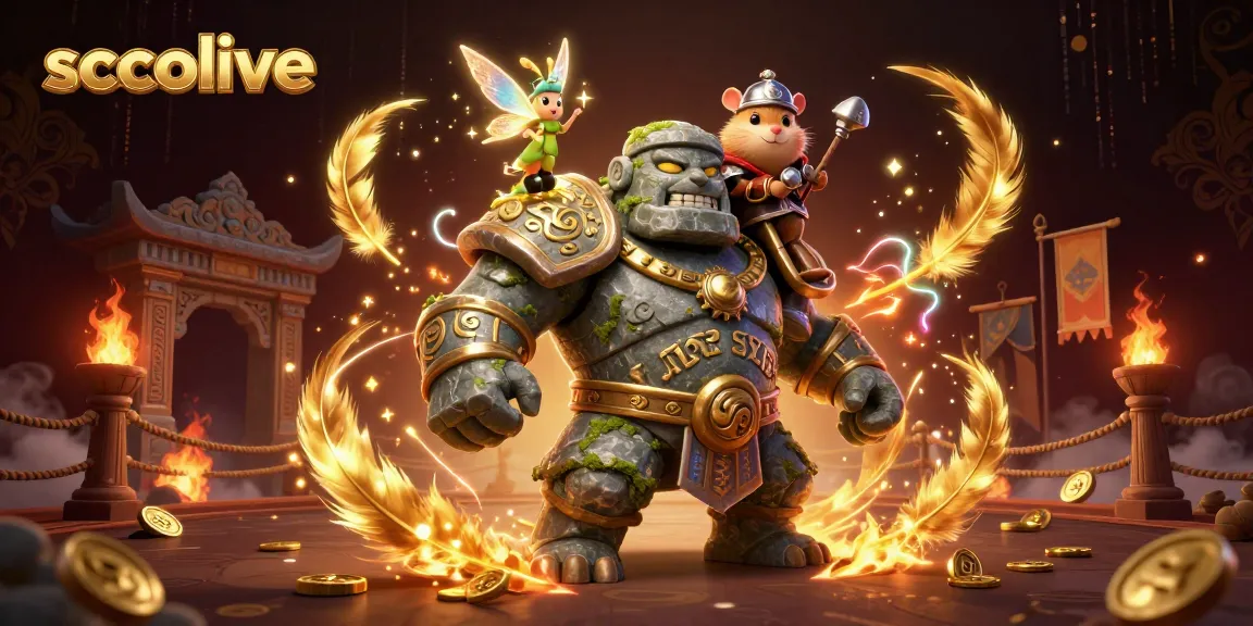 Socolive offers an enchanting gambling experience with a magical golem, hamster knight, and fairy amidst a dynamic casino scene.