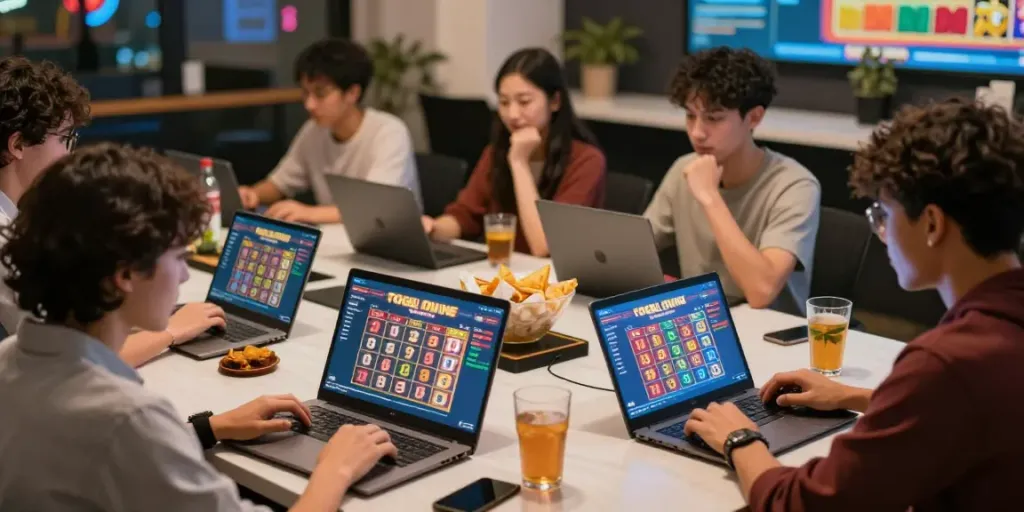 Pengguna togel online dengan antusias melihat hasil di layar digital, menciptakan suasana bermain yang meriah.