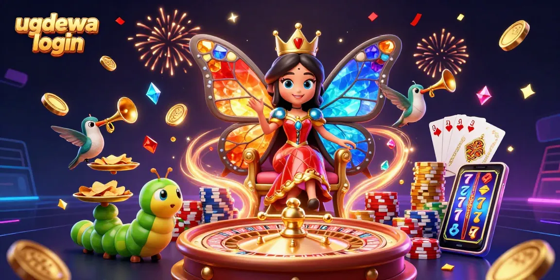 Engage with ugdewa login featuring a vibrant butterfly queen amidst casino elements like roulette and poker chips.