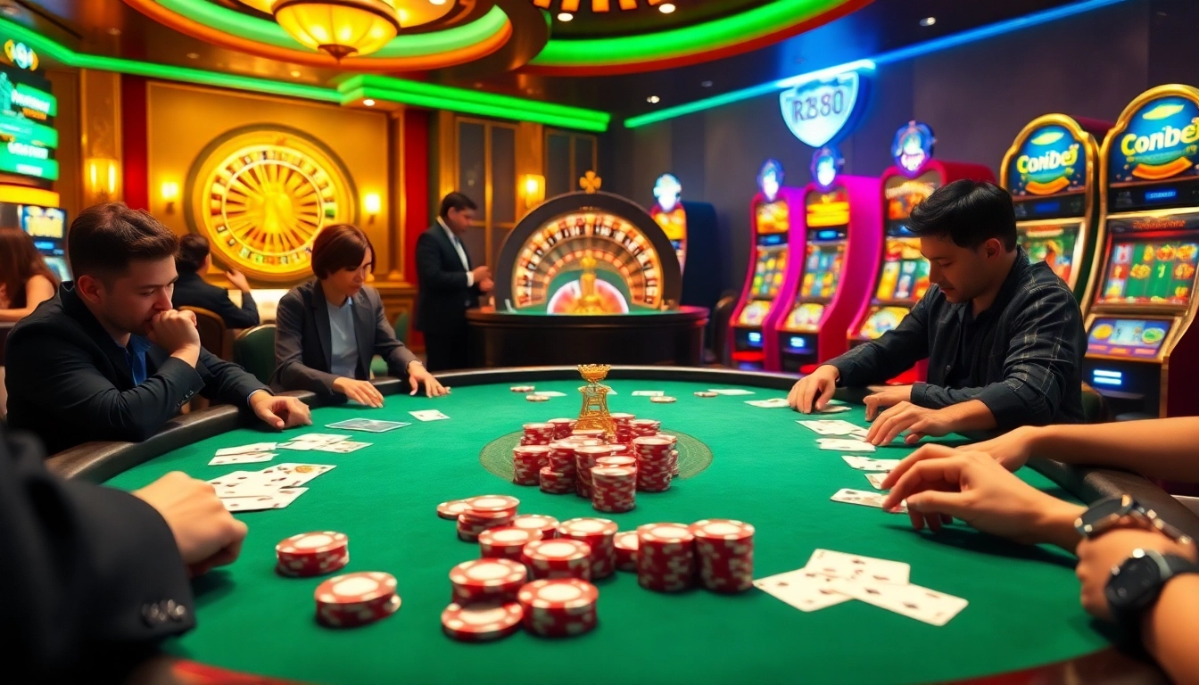 Players engage in exciting poker action at rr88 trang chính, enjoying a luxurious casino atmosphere.