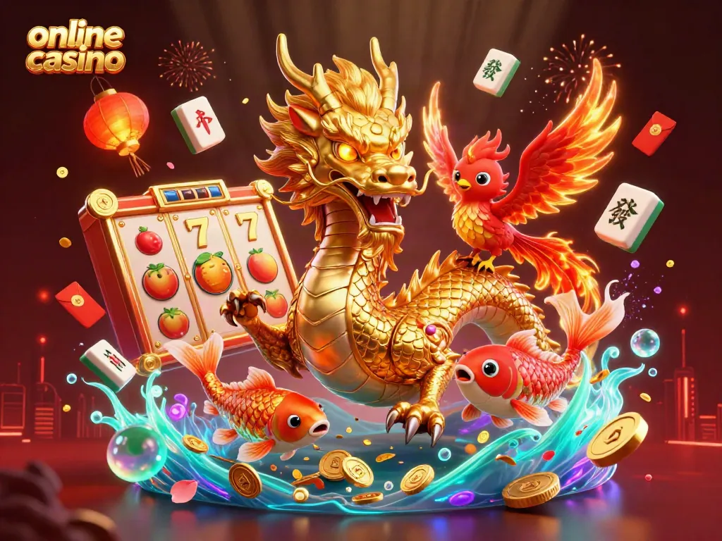Engaging scene of an online casino with a powerful dragon, phoenix, and koi fish amidst vibrant slot game elements.