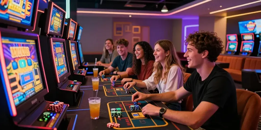 Pengunjung menikmati permainan sniperslot di lounge modern dengan suasana ceria dan lampu neon.