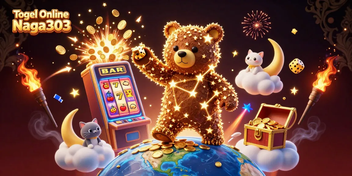 Togel Online Naga303 boasts whimsical 3D casino illustration showcasing treasure-filled jackpot excitement.