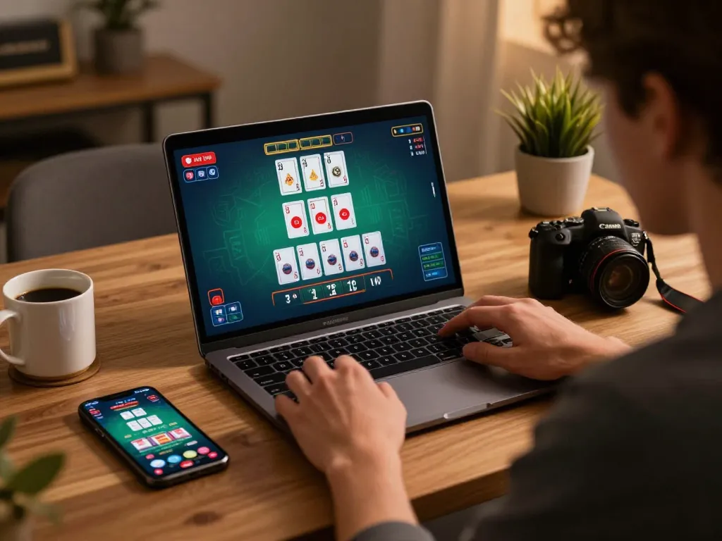Player engaging with curryexpress online baccarat game, focusing on cards and betting options, cozy atmosphere.