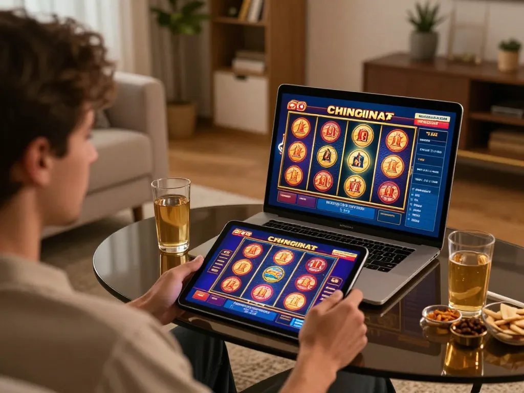 Player engaging with 98win's online slots in a cozy living space, emphasizing responsible gaming
