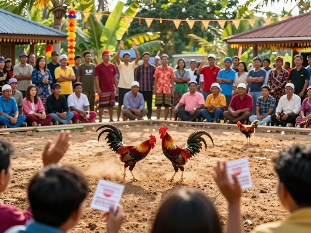 Situasi menarik dari kompetisi sabung ayam online dengan ayam jantan bertarung di arena luar ruangan yang ramai, dikelilingi oleh penggemar yang bersorak.
