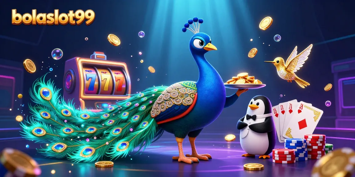 Spin and win with bolaslot99 in a vibrant scene of casino excitement featuring unique characters.
