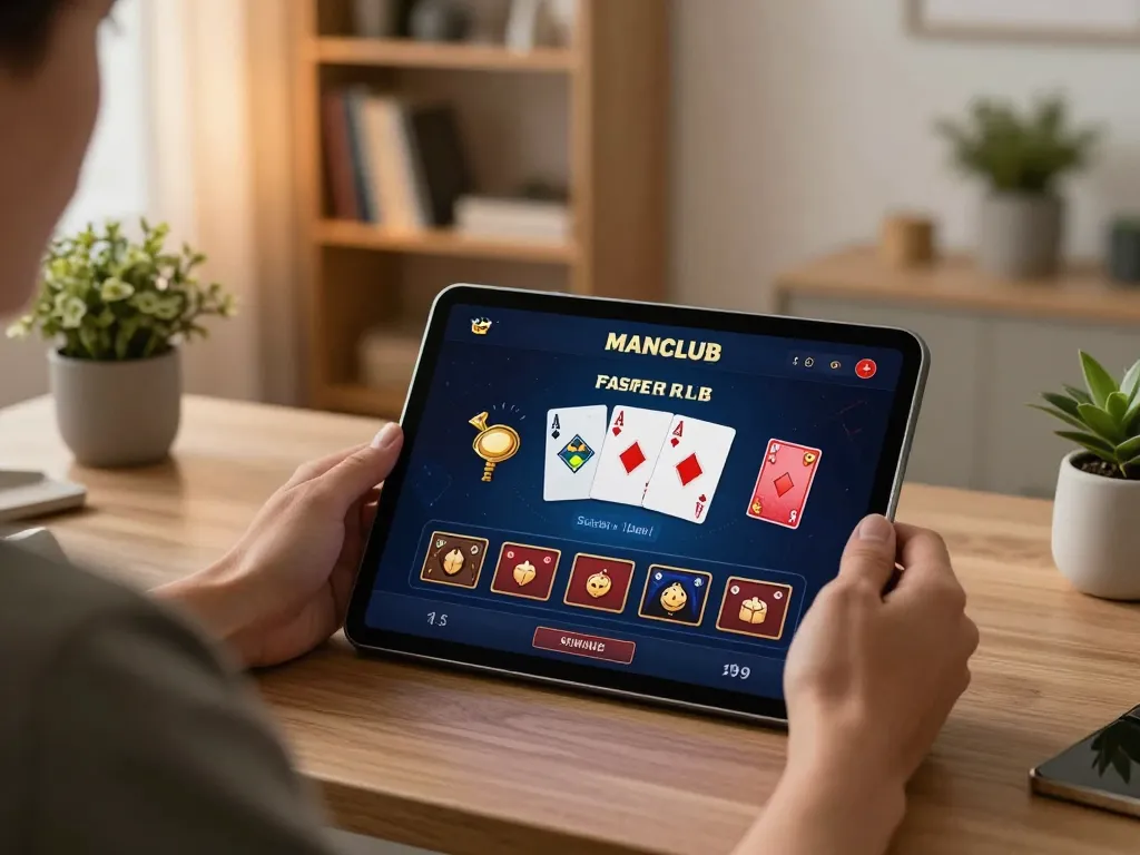 Player enjoying the MANCLUB casino app on a tablet in a cozy home setting.