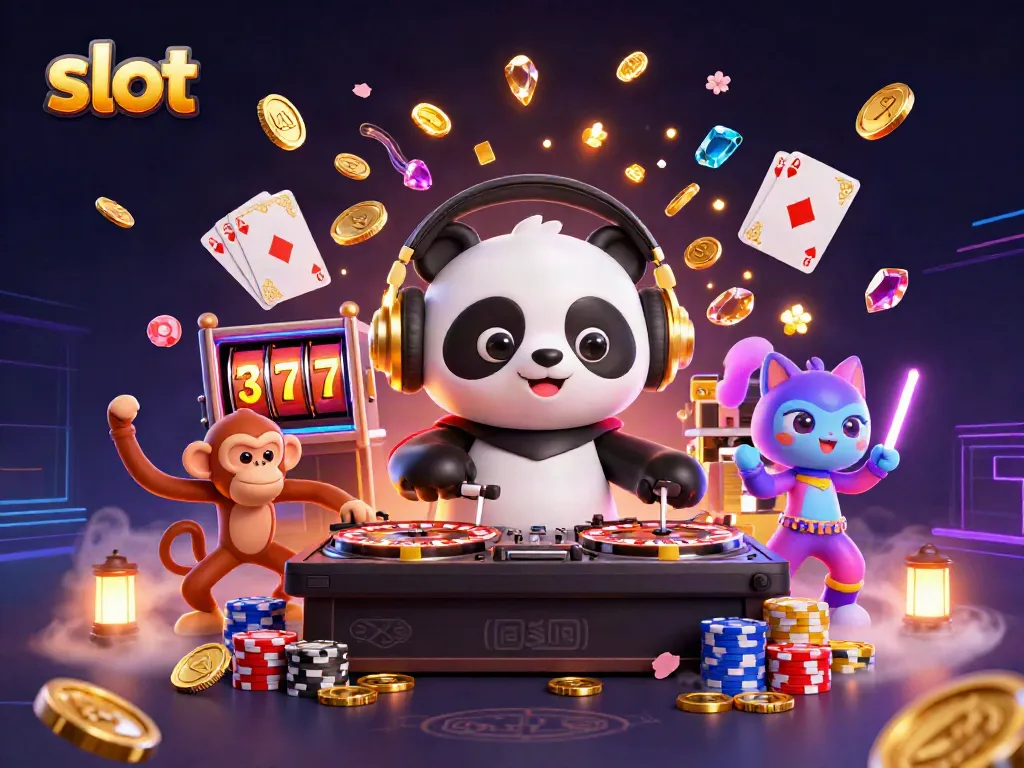 Engage with vibrant slot action in a lively scene featuring a DJ panda and dancing characters