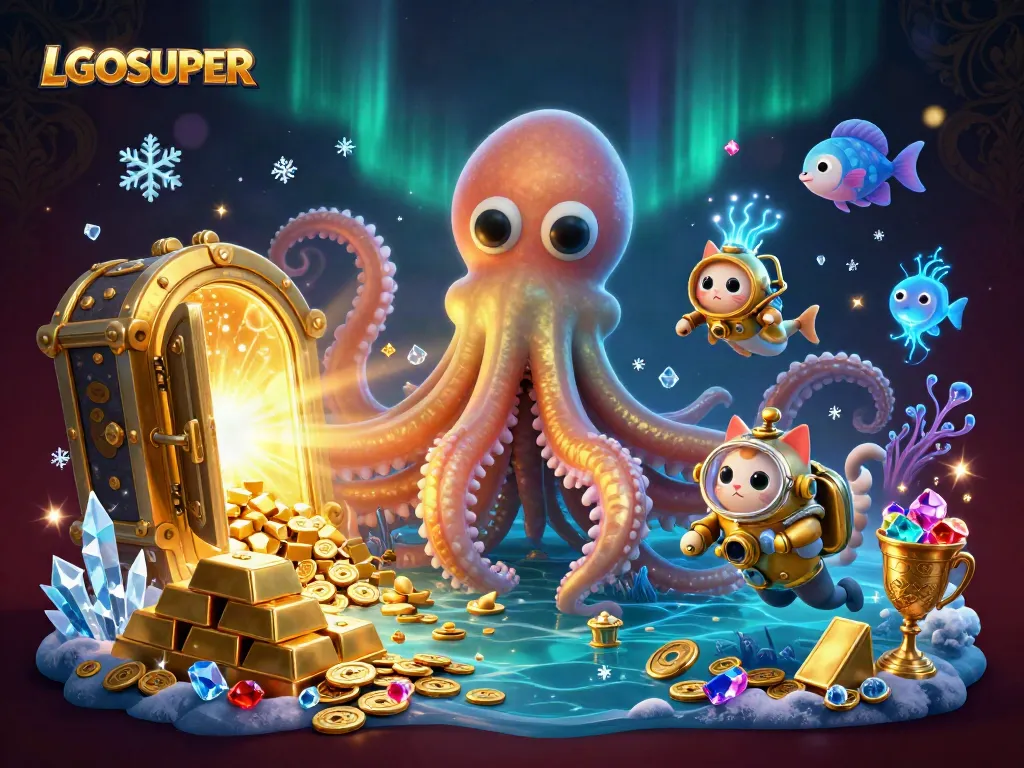 Experience gaming excitement with LGOSUPER's vibrant treasures and characters in a captivating underwater scene.