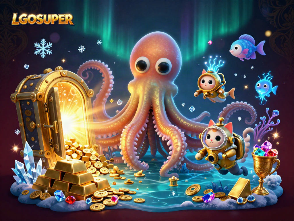 Experience gaming excitement with LGOSUPER's vibrant treasures and characters in a captivating underwater scene.