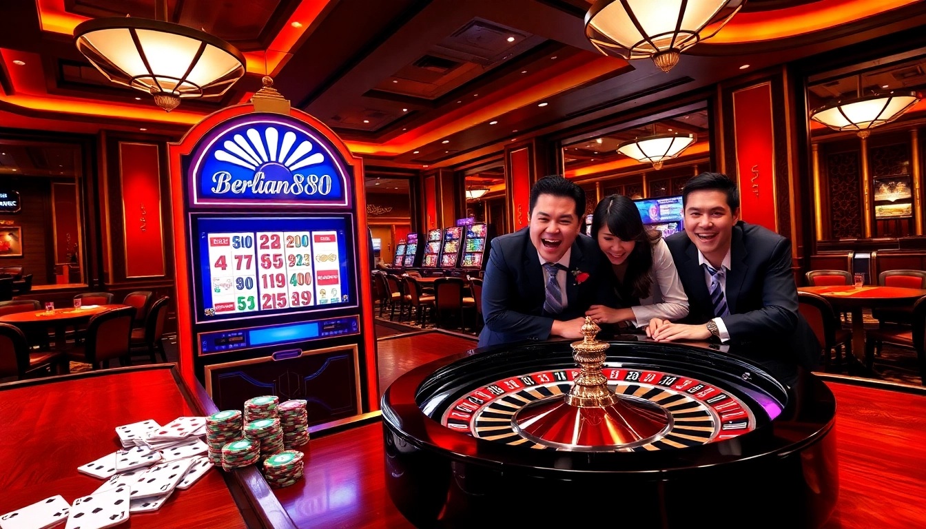 Players engaging with the Berlian888 slot machine in a vibrant casino atmosphere.