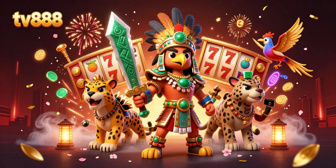 Engage with exciting spins at tv888, featuring a vibrant Aztec warrior scene with dynamic slot reels.