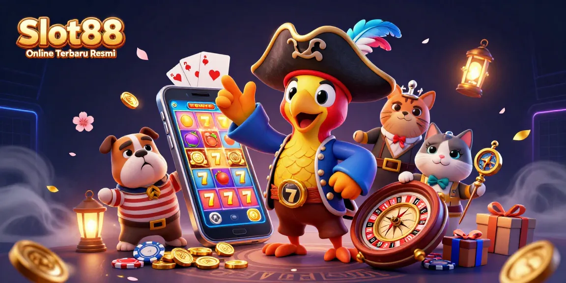 Slot88 Online Terbaru Resmi dengan ilustrasi 3D slot penuh aksi dan karakter kartun menarik seperti kapten, anjing, dan kucing.