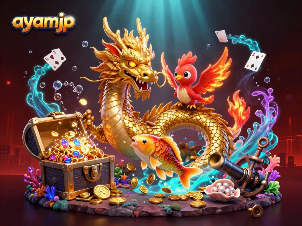 Experience thrilling wins with ayamjp showcasing a fierce dragon, phoenix, and koi in a vibrant casino world.