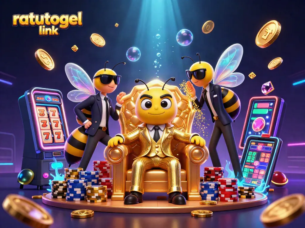 Betting excitement at ratutogel link with animated casino characters, dynamic slot machines, and colorful poker chips.