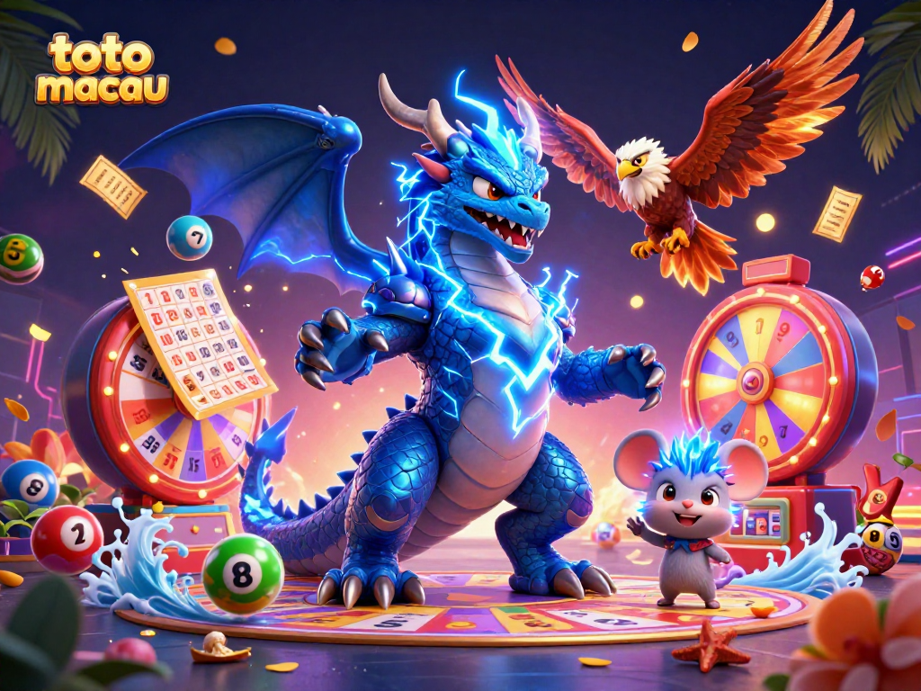 Menangkan permainan toto macau dengan ilustrasi karakter kasino berenergi tinggi dan bola lotere berwarna-warni.
