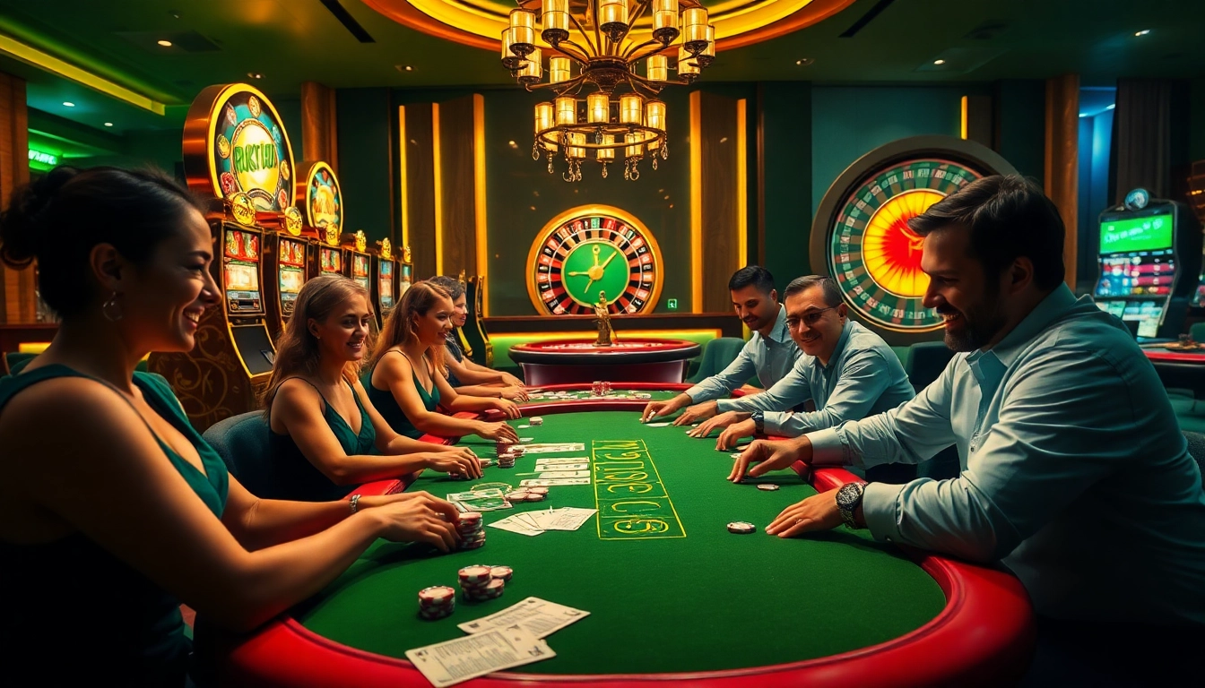Experience thrilling gambling action at https://98winmb.com/ with an exciting casino scene full of players, poker chips, and a roulette wheel.