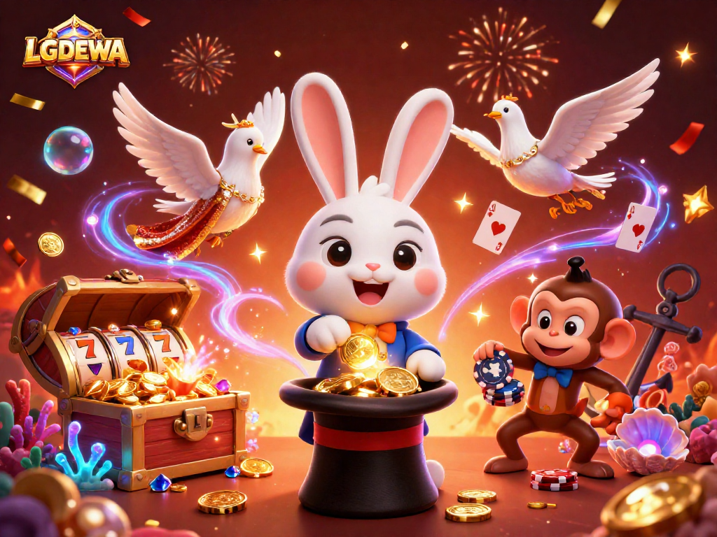 Play slots with LGODEWA as a magician rabbit pulls golden coins, dove, and monkey join in the fun.