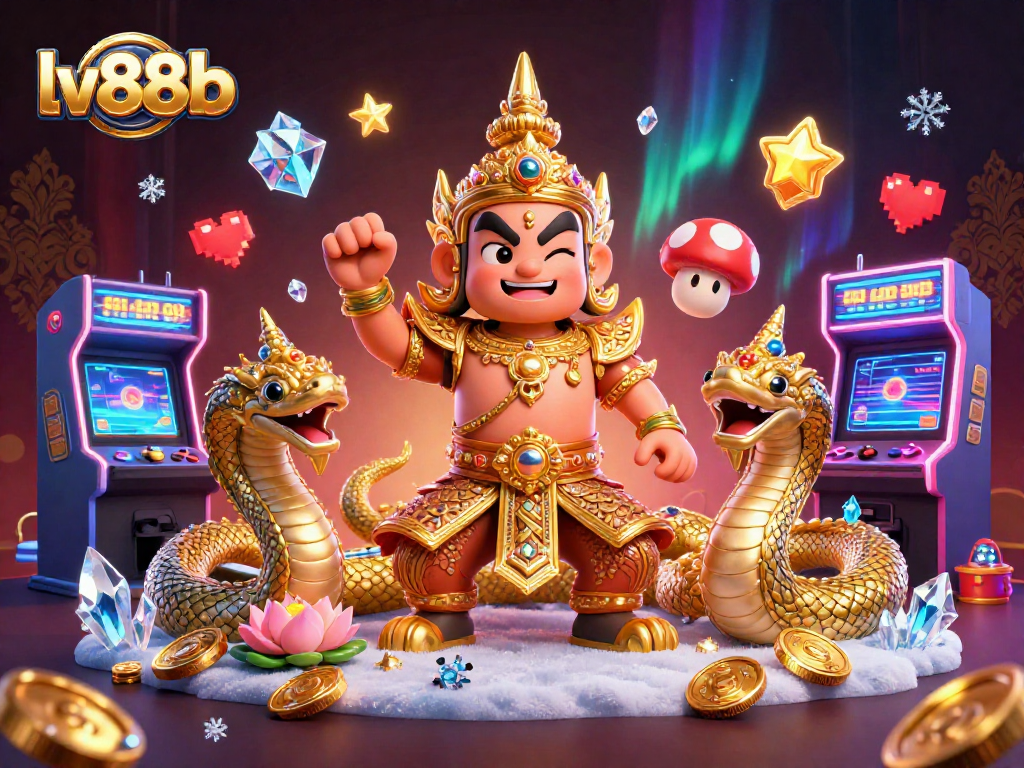 Experience gaming excitement at lv88b with friendly guardian, arcade machines, and vibrant casino atmosphere.