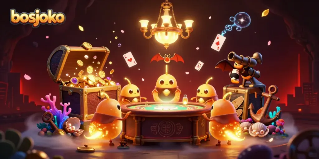Experience the vibrant ambiance of bosjoko's casino scene with glowing elements and dynamic characters.
