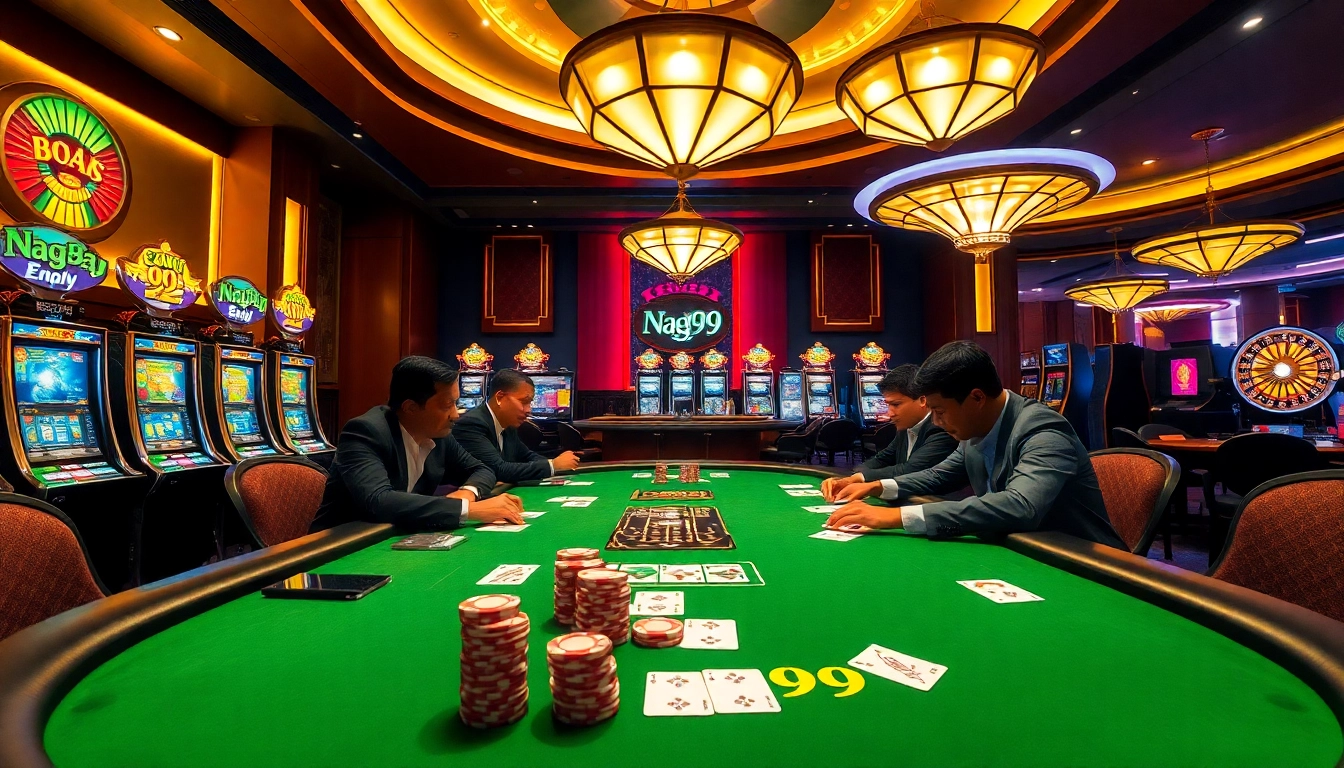 Naga99 offers a thrilling casino experience with a poker table and vibrant slot machines filled with excitement.