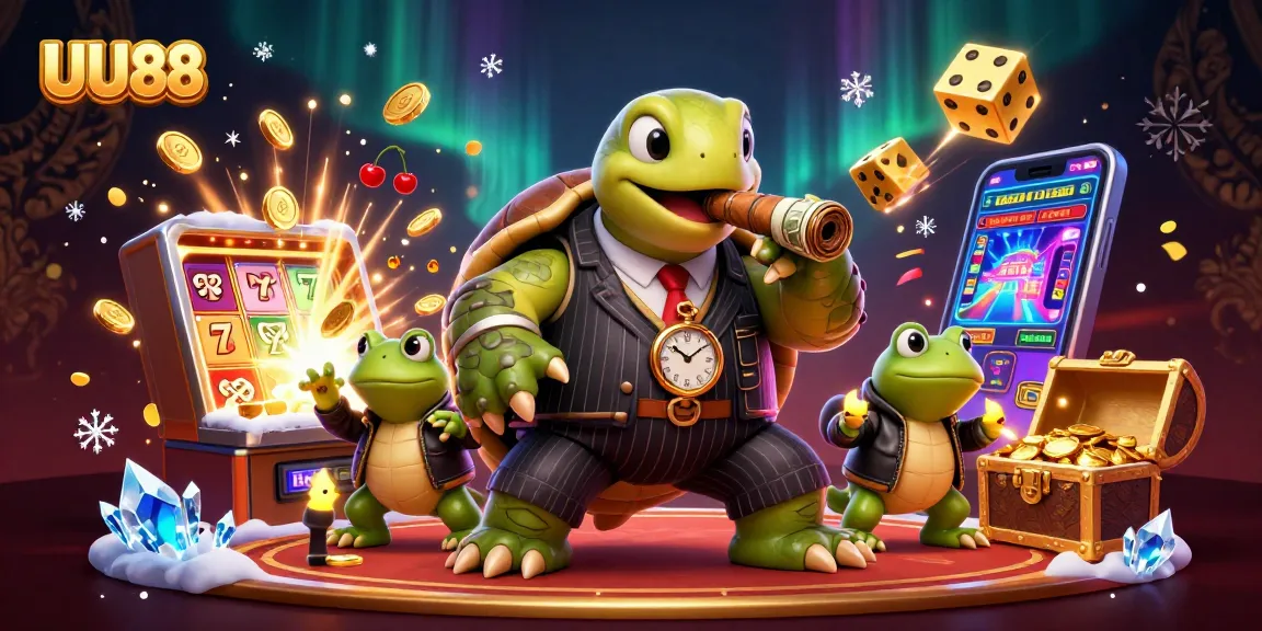 UU88 showcases a vibrant 3D cartoon scene with a snapping turtle and bullfrogs in an exciting casino atmosphere.