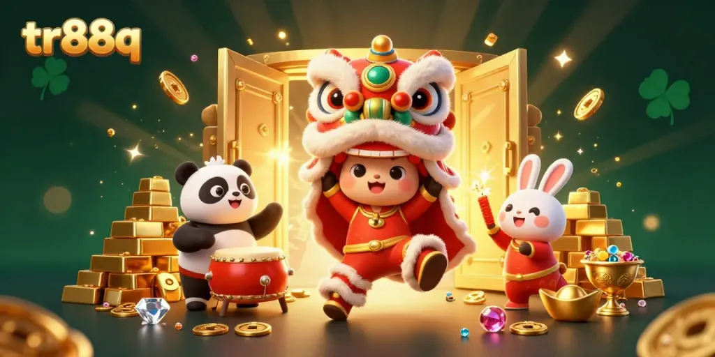 Experience the excitement of tr88q with a vibrant 3D lion dance scene full of treasure and energy.