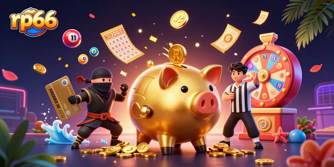 Engage with exciting gameplay at rp66 featuring a vibrant illustration of a piggy bank sumo wrestler and lively game elements.