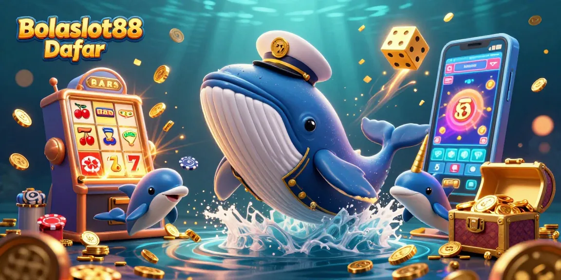Bolaslot88 Daftar captivates players with a whimsical underwater scene featuring a cartoon whale, narwhal, and dolphins amidst vibrant casino elements.