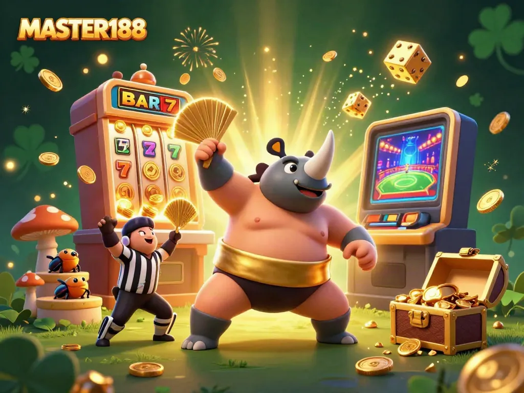 Experience thrilling gameplay at MASTER188 with a lively scene depicting a beetle sumo champion amid a jackpot explosion.