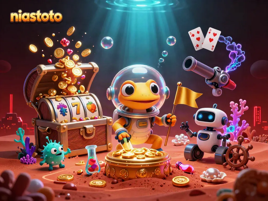 Gecko Mars niastoto menjelajahi kasino emas dengan harta karun berkilauan di dalamnya