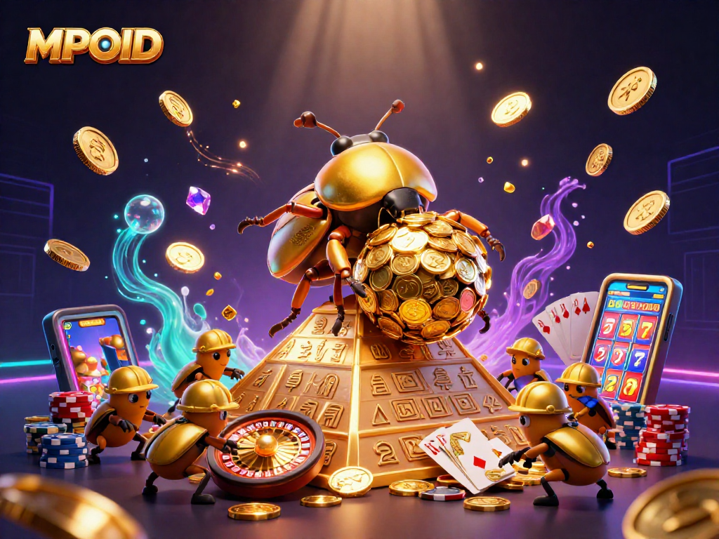 Engage with MPOID in a vibrant 3D illustration showcasing golden beetles, casino elements, and dynamic gaming action.