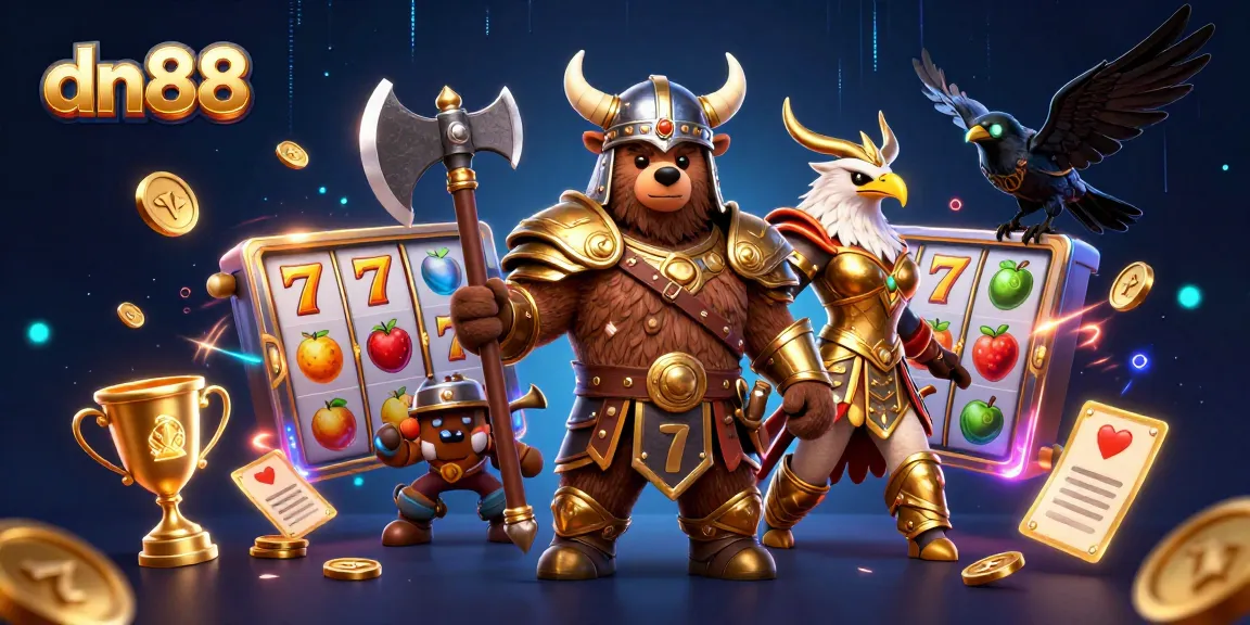 Experience thrilling slot action with dn88's dynamic casino illustration featuring a Viking bear and Valkyrie eagle.
