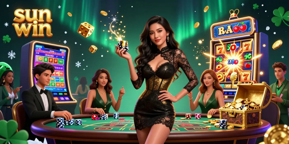 Win big with sun win as a glamorous Asian woman showcases her chips at a VIP casino baccarat table.