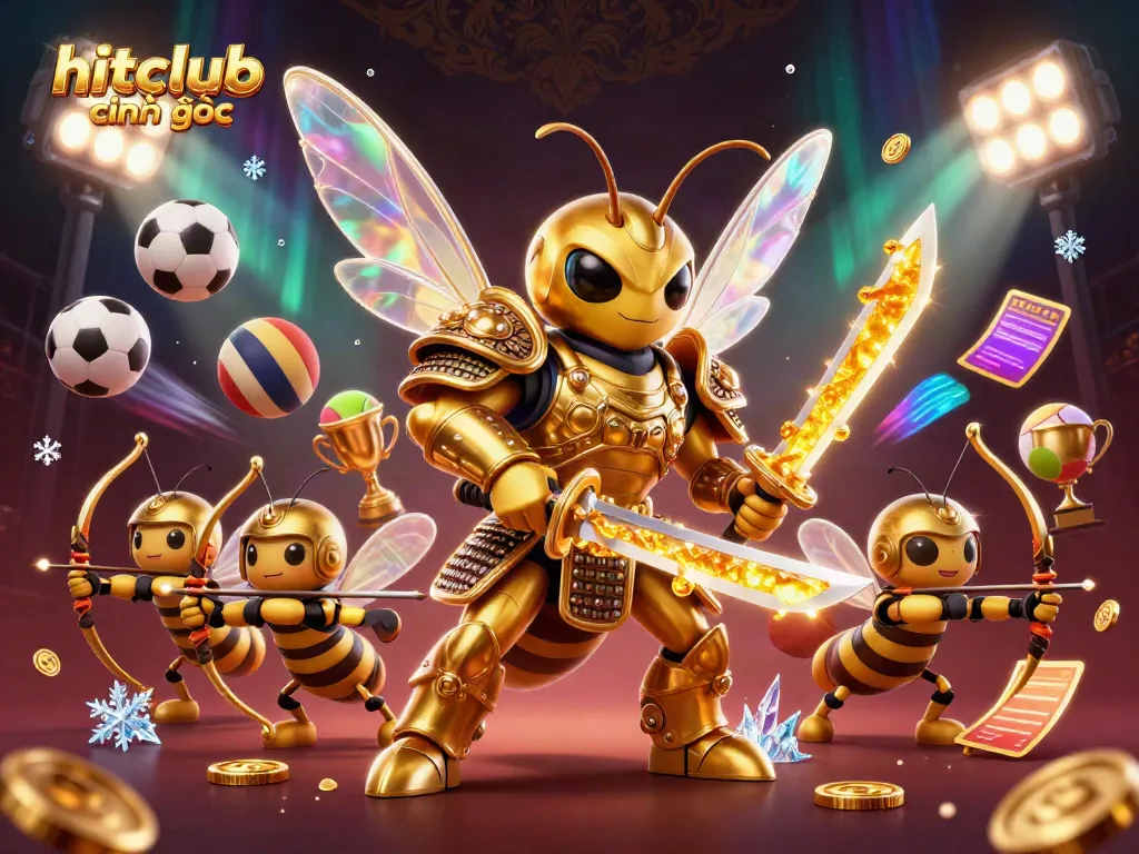 Hitclub chính thức showcases an exciting scene with a giant hornet in samurai armor and bee archers surrounded by dynamic sports elements in a vibrant casino theme.
